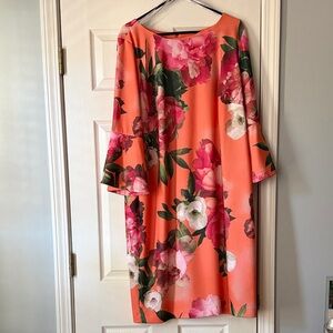 Calvin Klein Floral Long Bell Sleeve Dress - Coral and Pink